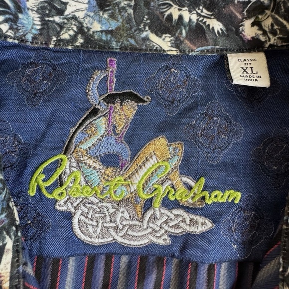 Robert Graham Rare Dragons Pattern Mens Shirt Size XL Purple Blue Flip Cuffs - Picture 4 of 13